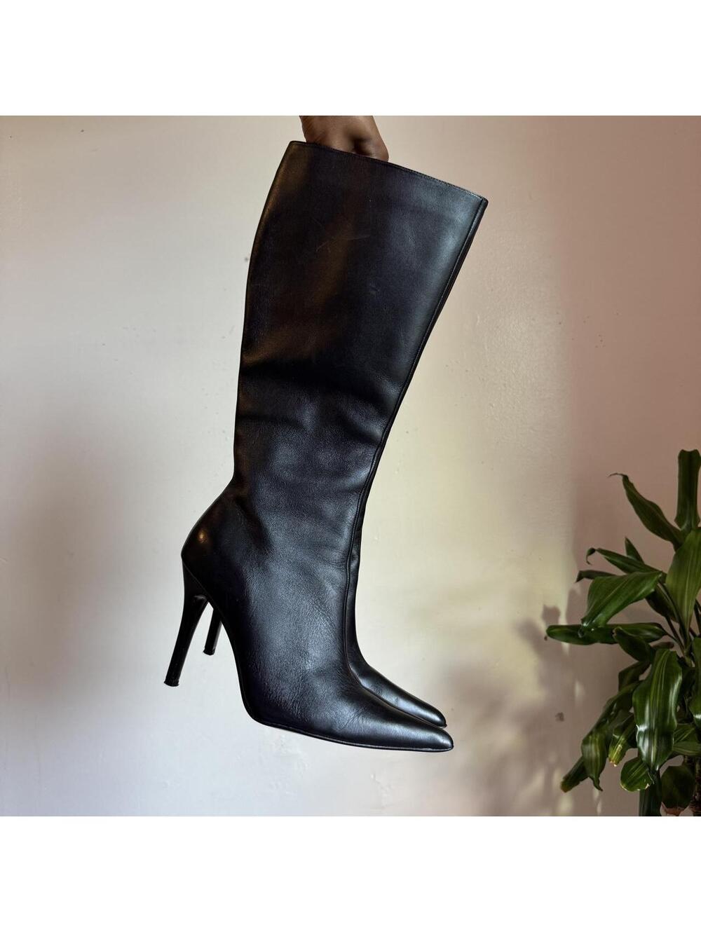 Y2K Colin Stuart Black Leather Pointed Toe Knee High Boots 8M